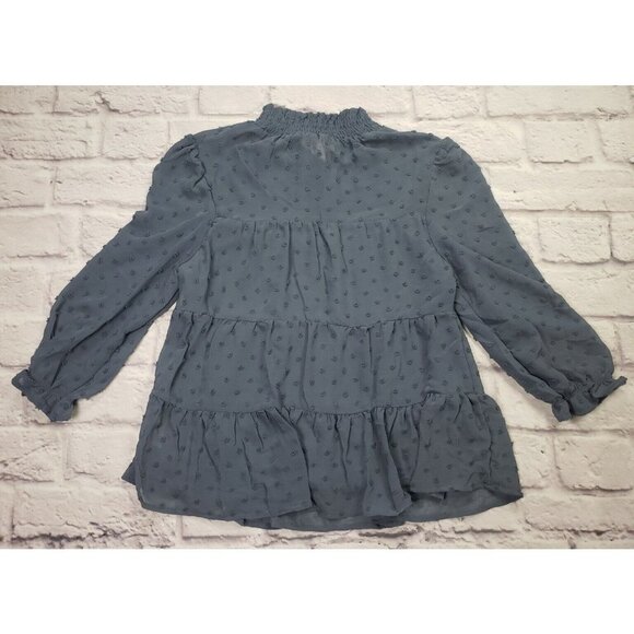 Monteau Womens Size Small Blue 3/4 Sleeve Swiss Dot Semi Sheer Blouse - Picture 4 of 8